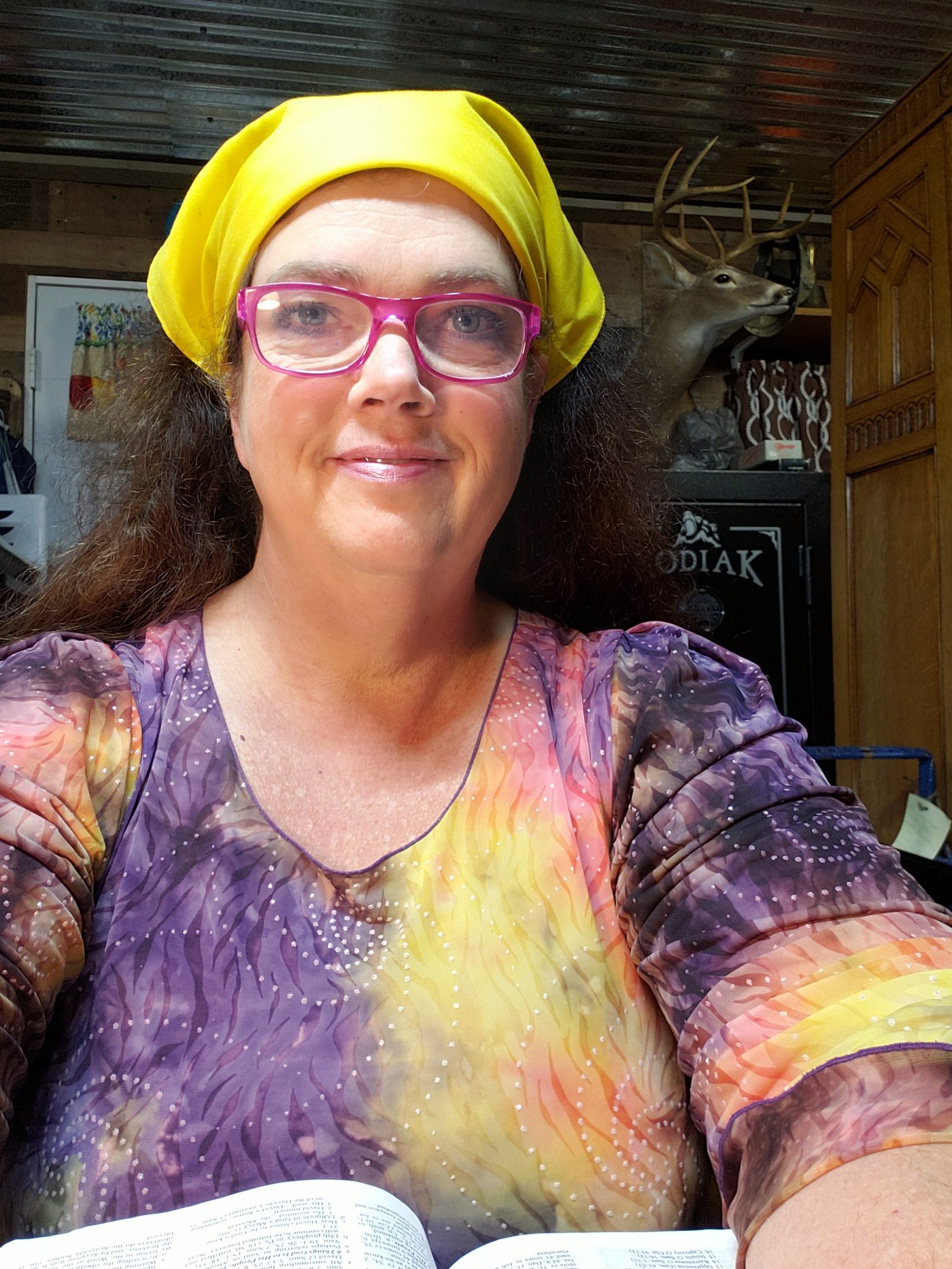 Leslie teaching an online deliverance study with head covering