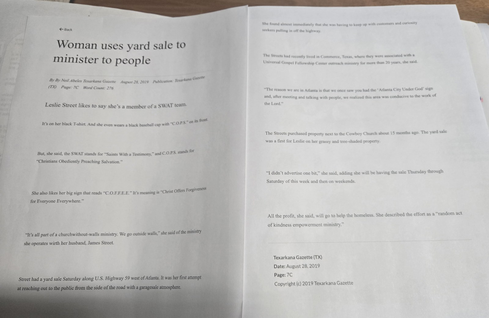 Texarkana Gazette, August 28, 2019 — Woman uses yard sale to minister to people